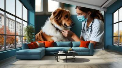 Compassionate young veterinarian tending to her canine patient with care and expertise Wall mural