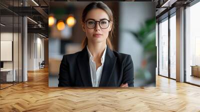 Confident businesswoman in eyeglasses poised in a blurred office setting, ideal for corporate and professional imagery. Wall mural