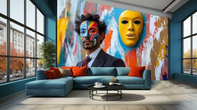 Confident man in a suit with vibrant face paint poses amidst striking abstract masks Wall mural