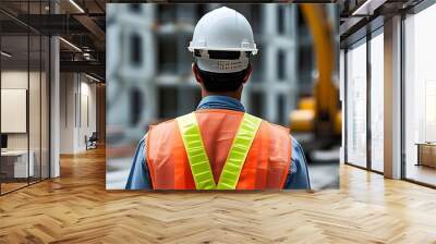 Construction worker in hard hat and safety vest observing building site from behind Wall mural