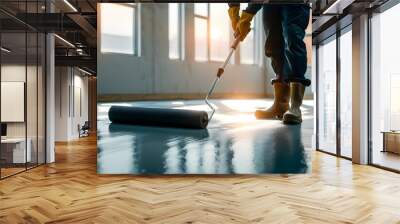 Construction worker skillfully applying floor coating under ample natural light from spacious windows Wall mural