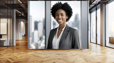 Contemplative professional woman in light blazer gazes at expansive cityscape, embodying ambition and determination by the large window. Wall mural