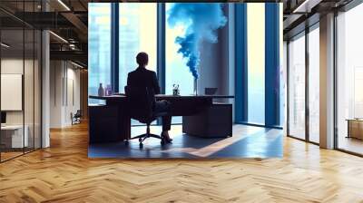 Contemporary businessman in a minimalist finance office surrounded by muted colors and ethereal blue and purple smoke in daylight Wall mural