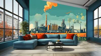 Contrasting industrial emissions with vibrant plant growth in a stylized illustration showcasing the clash between industry and nature Wall mural