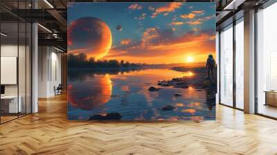 Cosmic sunset reflection on river with silhouetted man standing on the bank of a distant planet Wall mural