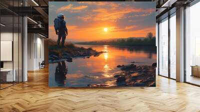 Cosmic sunset reflection on river with silhouetted man standing on the bank of a distant planet Wall mural