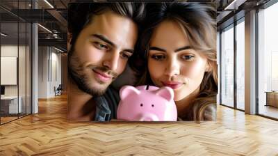 Couple closely examining pink piggy bank symbolizing shared financial goals and savings journey Wall mural