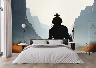 Cowboy on Horseback Silhouette Against a Pure White Background Wall mural