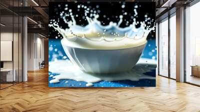 Crown-shaped milk splash from a bowl on a vibrant blue table Wall mural