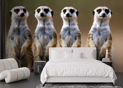 Curious meerkats standing upright with mixed brown and white fur, observing their surroundings with inquisitive expressions Wall mural