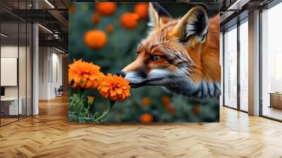 Curious red fox exploring the fragrance of vibrant marigold flowers Wall mural