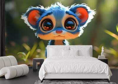 Cute little blue animal with fluffy hair, large and vivid eyes, and a blurred background, showing the natural environment. Wall mural