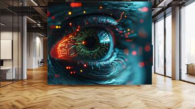 Cybernetic eyes illuminated in neon navigating dark data streams in pursuit of breaches within a virtual reality security landscape Wall mural