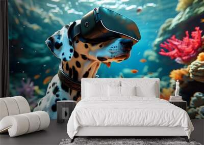 Dalmatian exploring virtual underwater world with colorful fish and coral through VR glasses, blending technology with playful pet adventure Wall mural