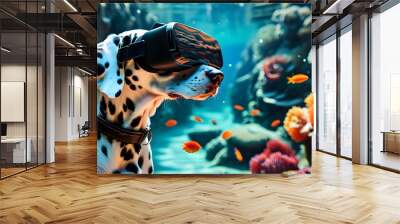 Dalmatian exploring virtual underwater world with colorful fish and coral through VR glasses, blending technology with playful pet adventure Wall mural