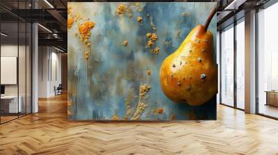 Decaying Beauty: An Abstract Exploration of an Overripe Pear Embraced by Mold Against a Textured Canvas Wall mural