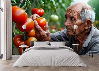 Dedicated elder farmer nurturing suspended tomatoes with meticulous care Wall mural