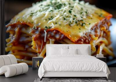 Delectable layers of lasagna showcasing rich meat sauce, creamy cheese, and tender noodles in a close-up view. Wall mural