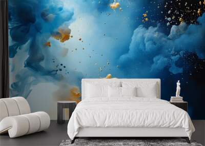 Delicate Blue Watercolor Splatter Smoke Abstract with Irregular Stains and Cloud-Like Textures Wall mural