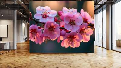 Delicate pink blossoms adorning tree branches under the soft light of dawn Wall mural