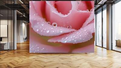 Delicate pink rose adorned with glistening dew drops, showcasing soft petals and a romantic ambiance Wall mural