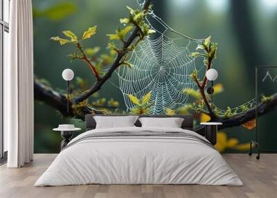 Delicate spider web intricately woven on a twig, showcasing the harmonious bond between forest flora and fauna Wall mural