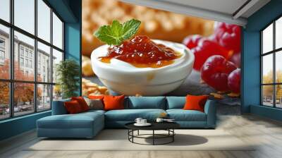 Delicious closeup of creamy yoghurt topped with vibrant jam against a blurred background Wall mural