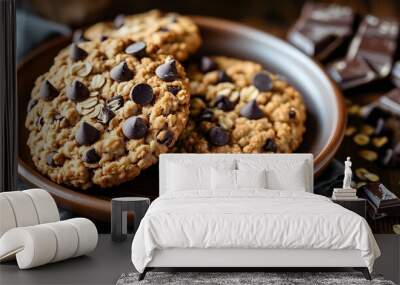 Delicious homemade chocolate chip oatmeal cookies beautifully arranged on a rustic brown plate Wall mural