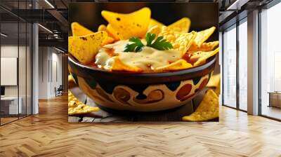 Delicious nachos topped with savory cheese sauce served in a rustic bowl on a wooden table, celebrating traditional Mexican flavors and Latin American cuisine Wall mural