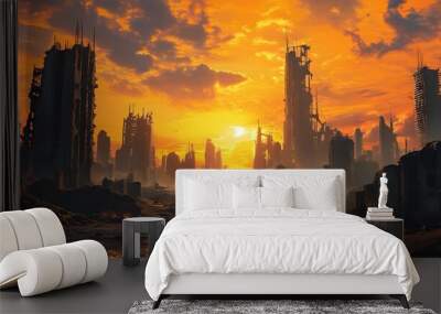 Desolate post-apocalyptic cityscape bathed in orange sunset, vast ruins set against a dramatic end-of-world landscape Wall mural