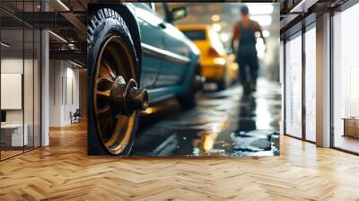 Detailed close-up of a wet car wheel in a workshop with a worker in the background, showcasing the intricate textures and industrial atmosphere Wall mural