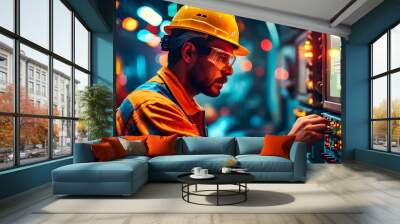 Determined engineer in hard hat and safety goggles working on vibrant control panel, surrounded by colorful lights and focused on the task at hand Wall mural