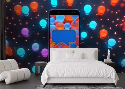 Digital communication overload represented through smartphone notifications enveloped in a virtual bubble under bright, cool lighting Wall mural