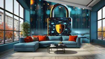 Digital padlock representing cybersecurity and the safeguard of sensitive data in a technological landscape, highlighting secure information storage and protective measures Wall mural