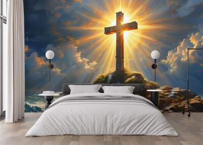 Divine Light Illuminating a Crucifix, Emblem of Trust and Spiritual Inspiration Wall mural