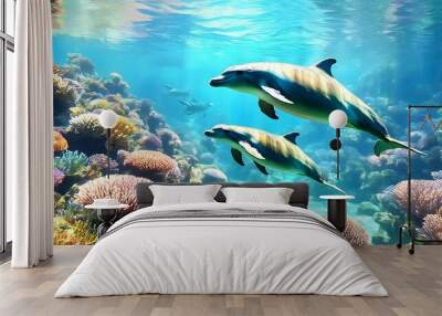 Dolphins Gliding Through a Colorful Coral Reef Under Sunlit Waters Wall mural