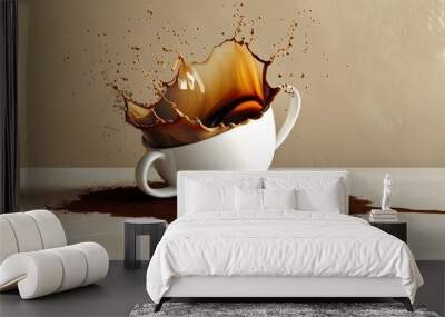 Dramatic Coffee Spill Creating Abstract Art on Minimalist Desk with Expansive Copy Space Wall mural