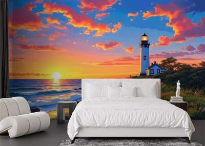 Dramatic sunset sky illuminating coastal path with lighthouse in vector illustration Wall mural