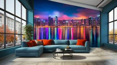 Dreamy night cityscape with colorful blurred lights reflecting in tranquil waters Wall mural