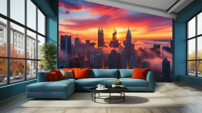 Dreamy urban skyline at sunset with vibrant colors and a misty atmosphere creating a stunning cityscape. Wall mural