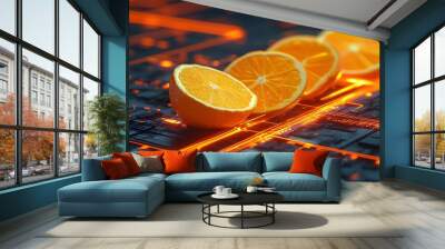 Dynamic 3D Orange Wave Representing Digital Technology Concepts Wall mural