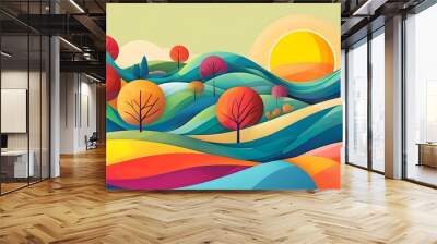 Dynamic abstract landscape featuring vivid hills, lush trees, and a radiant sun in a contemporary layered design Wall mural