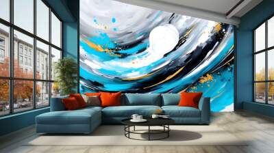 Dynamic abstract piece with swirling blues, blacks, golds, and whites showcasing modern fluid artistry and vibrant colors Wall mural