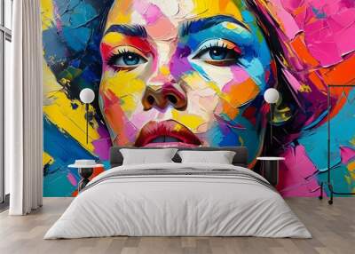 Dynamic abstract portrayal of a human face featuring vivid colors and textured cracks, serving as a source of artistic expression and creative inspiration. Wall mural