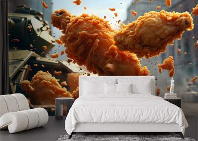 Dynamic advertisement showcasing fried chicken in motion, creatively enhanced by AI generative techniques within an open tank frame Wall mural