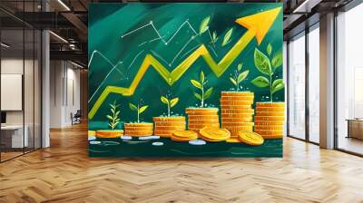 Dynamic illustration of thriving growth with coins and lush green plants, embodying financial success and innovative investment strategies Wall mural