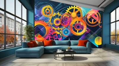 Dynamic interplay of abstract gears and colorful geometric shapes illustrating the complexity and innovation of modern programming functions Wall mural