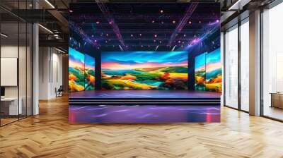 Dynamic modern stage design featuring vibrant landscapes on large screens and captivating lighting effects Wall mural