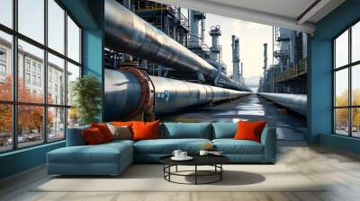 dynamic oil refinery with intricate pipeline systems actively processing oil and gas Wall mural