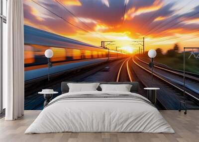 Dynamic sunset journey of a high-speed train racing along the tracks with striking motion blur and vibrant colors Wall mural